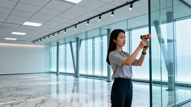 辦公室裝修現(xiàn)場(chǎng)玻璃面積測(cè)量